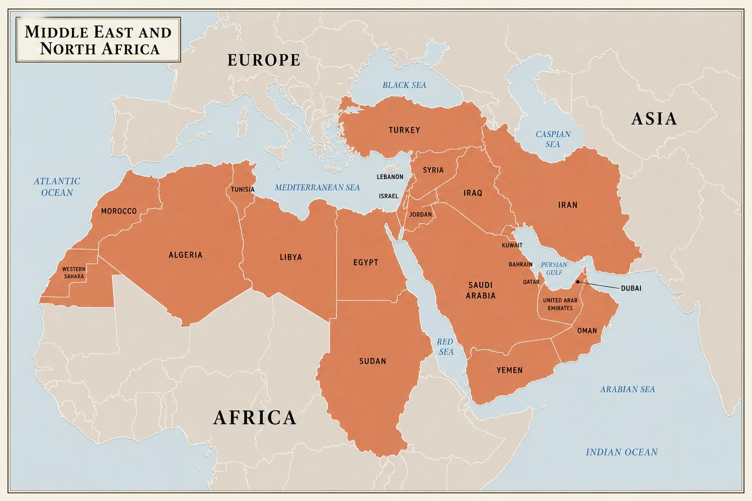 Map of the Middle East and North Africa region with Dubai highlighted